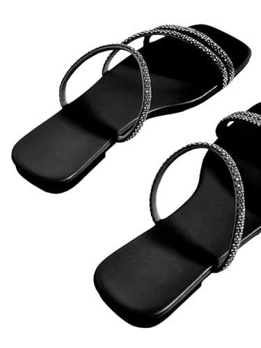 Image of GORGLITTER Women's Rhinestone Wedding Flat Sandals Sparkly Strappy Glitter Dressy Slip on Bling Bridal Prom Cute Slide Shoes
