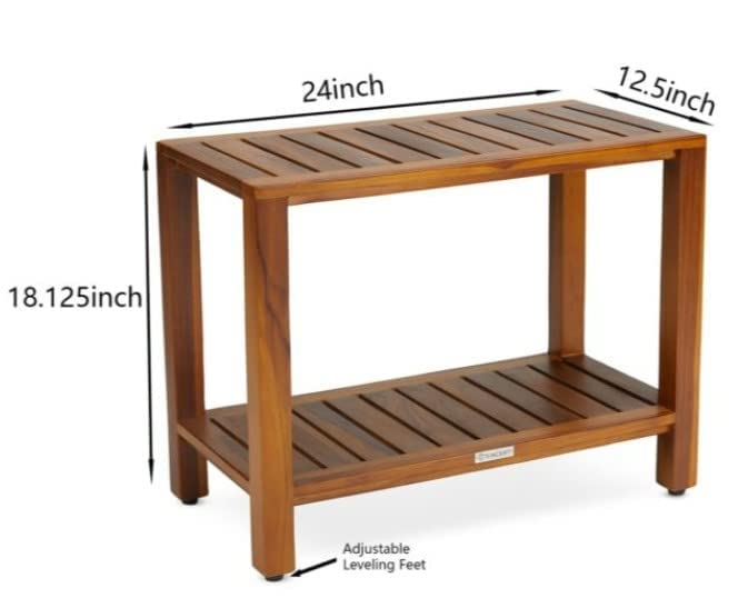 SHRAV Teak Wooden Indoor/Outdoor Stool Bench with Bottom Shelf for Living Room and Kitchen (40D x 30W x 30H cm) 1