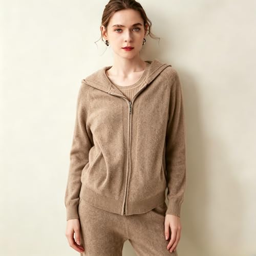 Image of Women's Fall and Winter 100% Cashmere Zipper Open Long Sleeve Hoodie