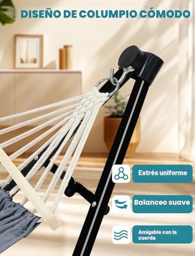 Miniatura 6 de Anyoo Hamaca Y Silla De Algodón Con Soporte Plegable, Set Portátil De Doble Uso Para Interior Y Exterior, Jardín, Terraza, Patio, Camping, Cubierta