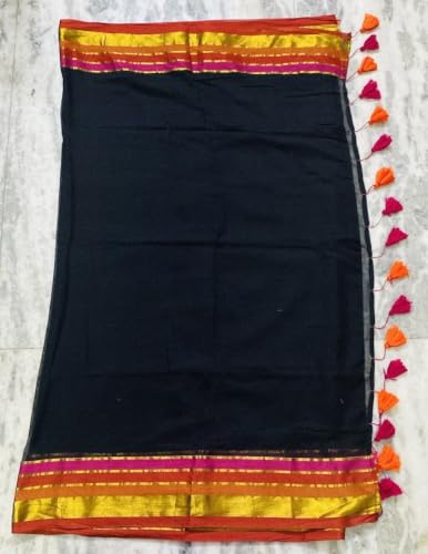 Image of Women's Mul Cotton Saree with Tassels | Soft Mulmul Saree | Woven Stripes & Zari Line | 5.5 Metres - Without Blouse