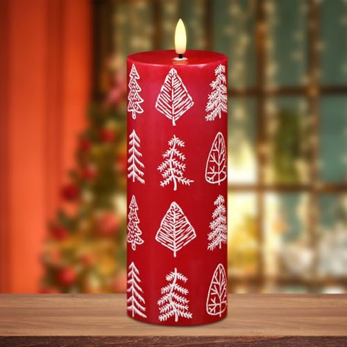 Image of Wondise Christmas Flameless Candles with 6hrs Timer, Christmas Tree Battery Operated Flickering Red Candles with 3D Wick Real Wax LED Candles for Christmas Holiday Indoor Decoration(2.6 inchx7.8 inch)