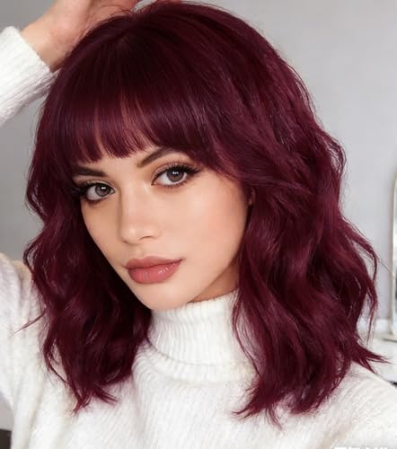 Red Wig with Bangs Short Curly Bob Wine Red Wigs for Women 14 Inch Shoulder Length Natural Looking Hair Replacement Wigs for Cosplay Party Use