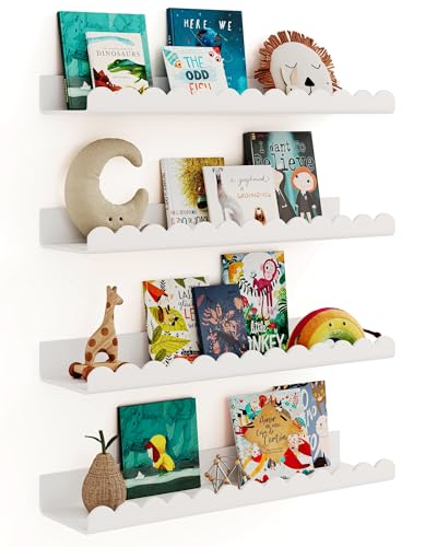Image of G&W Gruwald 4 Pack White 15.7 Inches Acrylic Book Shelf for Kids Room, Floating Kids Book Shelves for Wall, Nursery Book Shelves, Magazine Rack, Picture Ledge (White, 15.7)