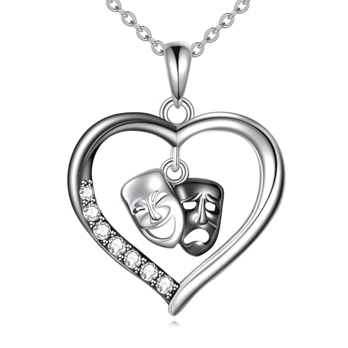 DAYLINLOVE Colar com pendente de máscara de comédia e tragédia de prata de lei 925, colar com pendente de máscara de teatro, joias de teatro, presentes para mulher, prata esterlina, zircônia cúbica