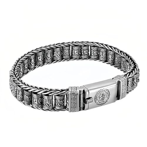 Sterling Silver Six Words Mantra Bracelet - Buddhist Om Symbol & Greek Key Design, Engraved Braided Chain for Men/Women, Antique Finish Meditation Jewelry Gift with Secure Clasp