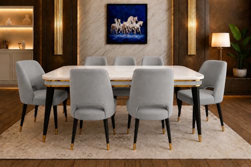 Image of WOODEN SPACE 6-Seater Wooden Dining Table Set | Nano Composite Marble Top | Solid Wood Base | Modern Dining Room Furniture with 6 Chairs (Light Grey Vintage)