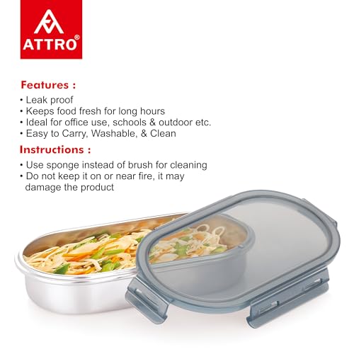 Image of Attro Steelox Oval Stainless Steel Container with Plastic Seal Lid BPA Free Food Grade Leak-Proof Ideal for School, Office & Outdoor Lunch Pack - 540ml Grey