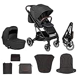 skiddoü Kinderwagen 2in1 Moss, Babywanne, multifunktional Buggy, verstellbare Konstruktion, regulierbar, stoßgedämpfte Räder, Moskitonetz, Fußschutz, Regenschutzfolie, Tasche, schwarz, 3 beutel