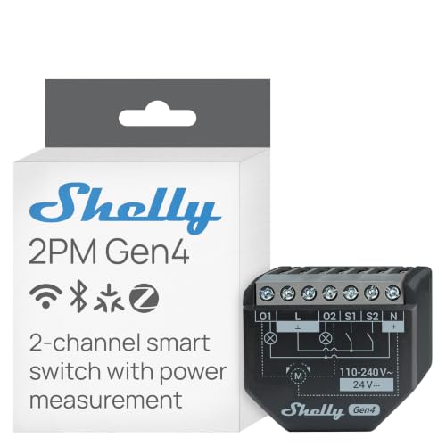 Shelly 2PM Gen4 - Module volet roulant connecté Matter, Zigbee, Wi-Fi, 2 Canaux 8A, Mesure consommation électrique, Contrôle app, Compatible Alexa, Google, SmartThings, Apple Homekit