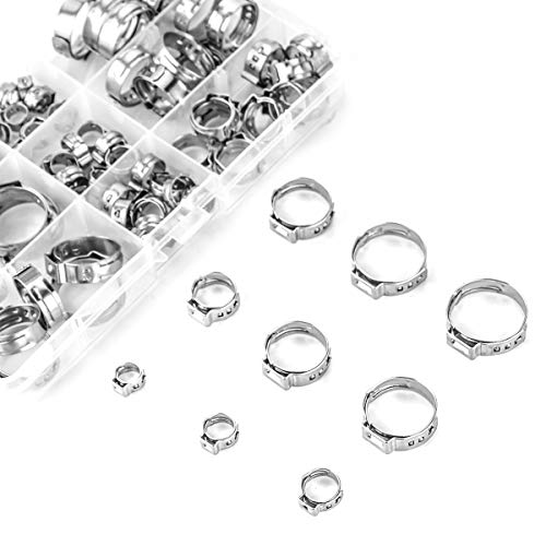 LOKMAN Stainless Steel Single Ear Hose Clamp, 80Pcs 6-23.6mm Crimp Hose Clamp Assortment Kit Ear Stepless Cinch Rings Crimp Pinch Fitting Tools (1/4 inch - 15/16 inch)