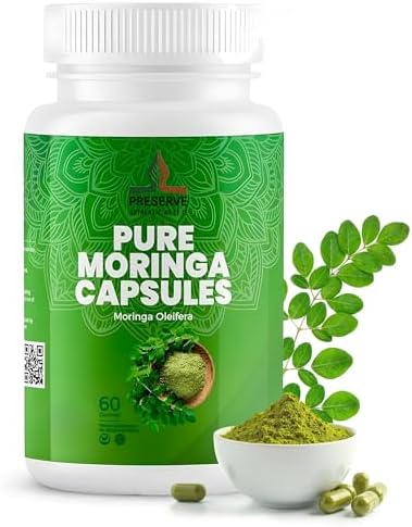 PRESERVE Pure Moringa Oleifera Leaf Supplement, NSF Certified, Pure Leaf Powder Green Superfood Capsules, Non GMO, Made in Sri Lanka, 60 Count