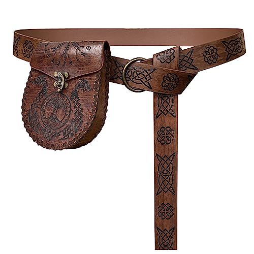 HiiFeuer Medieval O-Ring Belt with Nordic Embossed Pouch, Vintage Faux Leather for LARP (Brown), Brown a
