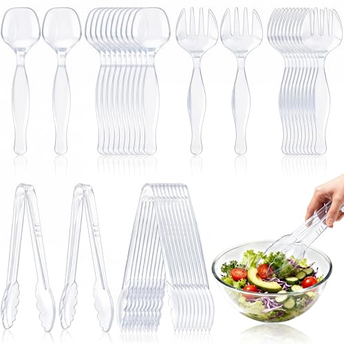36Pcs Disposable Plastic Serving Utensils Set 12 Clear Spoons 12 Forks 12 Tongs 9-Inch for Party Buffet Catering Events Heavy Duty and Ergonomic Design