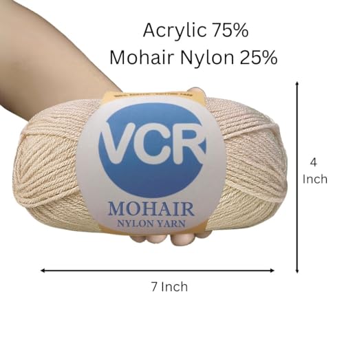 Image of VCR Mohair Nylon Soft Beige Yarn, 100 Grams Hank, 196 Meters Length, Acrylic 75%, Mohair Nylon 25%, Pack of 1 Yarn, Soft Crosia Threads, Suitable for Winter Garments.