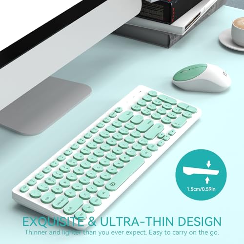 Image of FD Wireless Keyboard and Mouse Combo - 2.4GHz USB Cordless, Cute Round Keys, Quiet and Slim Set for Laptop, Computer, TV, and Mac - Mint Green & White
