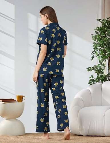 Image of Amazon Brand - Myx Women Cotton Shirt and Relaxed Pajama Set | Night Suit Set (Available in Plus Sizes)