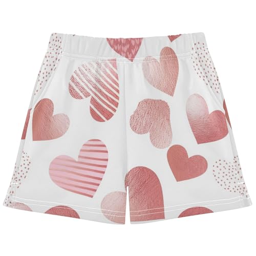 Girls Athletic Shorts Cute Lounge Pajama Shorts for Kids Teens with Lovely Hearts Rose Pink Floral Print, X-Small