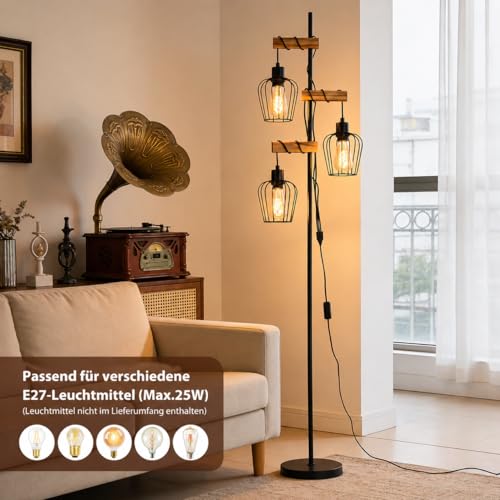 Lampadaire industriel 3 feux avec douille E27 et finitions bois rustique - 7