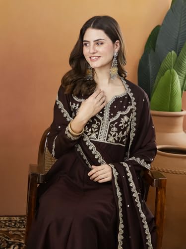 Image of MOKOSH Women's Silk Anarkali Kurta Pant with Dupatta | Anarkali Kurta Set | Embroidered | Ethnic Wear | Notch Neck Full Sleeve