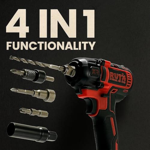 Image of RUTH 4-in-1 Cordless Impact Wrench /Driver Drill 48V, 850Nm Torque, 2x5.0Ah Li-ion Batteries, Variable Speed, LED Light | 30-Piece Kit of Sockets & Bits, Fast Charger & Carry Case. (Red And Black)