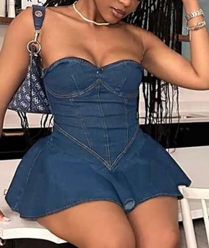 Image of xxxiticat Women's Denim Tube Dress Sleeveless Pleated Skirt Hem Strapless A-Line Flared Off Shoulder Mini Jeans Dresses