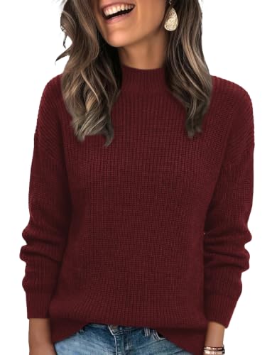 Fall Cozy Sweaters for Women Fall Outfits Knit Mock Neck Burgundy Tops M