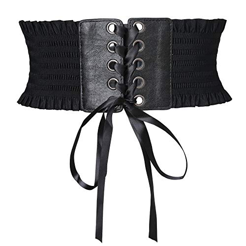 FIEIJ Women's Elastic Stretch Wide Lace Corset/Girdle Belt with Bow Tie Knot for Dress (Black)