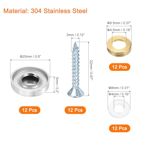 QUARKZMAN 12 Stück Spiegelschrauben, Edelstahl Zierschrauben dekorative Abdeckkappen Nägel, Panelschrauben für Schild Hardware Bau, 20mm Durchmesser, Silber