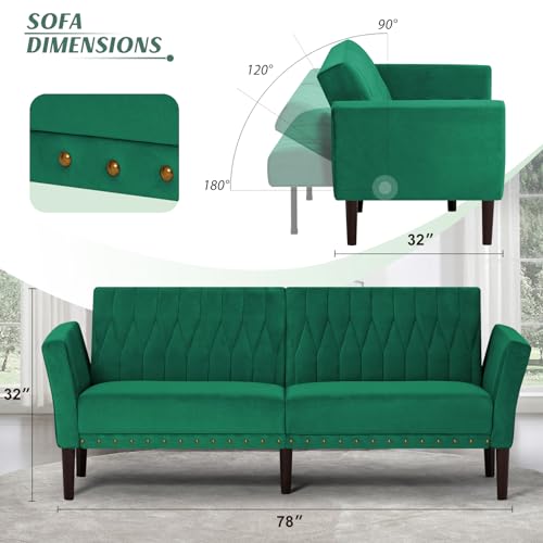 Lesofair 77 Inches Velvet Sofa Bed w/Adjustable Backrests & Armrests, Convertible Sleeper Sofa w/Nailhead Trim, Modern Loveseat Couch with Wooden Legs for Living Room,Bedroom,Office,Green