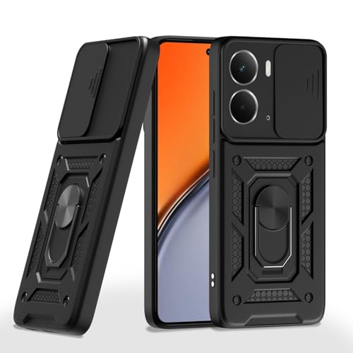 Image of Outlouders Back Cover for Realme P3 5G | D10 Tough Armor 360 Protection Case with Sliding Camera Shield & Ring Holder Stand Bumper Case (Black)