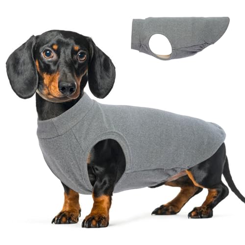 Image of Stretch Fleece Dachshund Sweater for Chilly Days, Grey, L | Warm Sleeveless Dachshund Clothes, Lightweight Breathable Pullover Sweatshirts for Outdoor Movement, Wiener Dog Clothes