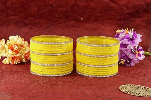 Image of NMII Fancy Glass Golden Zircon Diamond Stone & Velvet Finish Plain Bangles Set For Women & Girls | Glass Velvet Bangles | Kanch ki Chudiyan | Girl's Bangles Bracelet | Fashion Jewellery- Set of 32