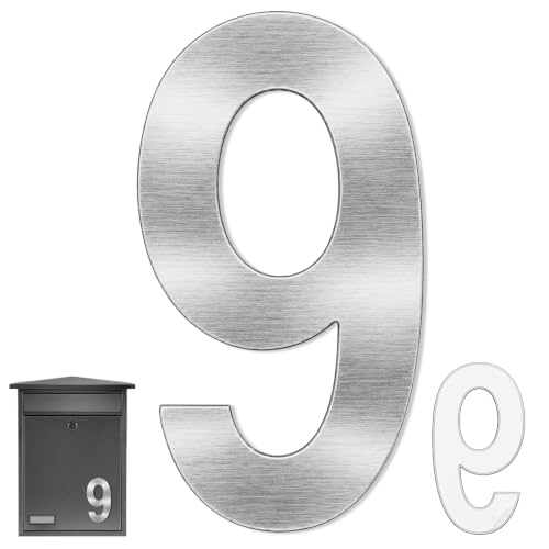 Numero 9 casa, Número Nueve hogar, Número 9 para puerta, Número para pared, Número 9 buzón, Acero inoxidable 304, 75 mm alto x 47 mm ancho, Adhesivo, Plateado