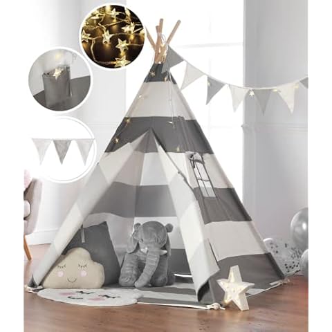 Haus Projekt Kids Teepee Tent Grey with Fairy Lights, Bunting, Carry Bag and Waterproof Floor Mat, 160cm CE Certified Childrens Teepee Play Tent, Indoor Outdoor Tipi Playhouse, Garden Beach Wigwam Cover