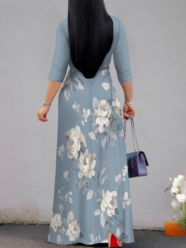 Image of SUZONANA Plus Size Dresses for Women Floral Print Maxi Dress Flowy 3 /4 Sleeve with Belt