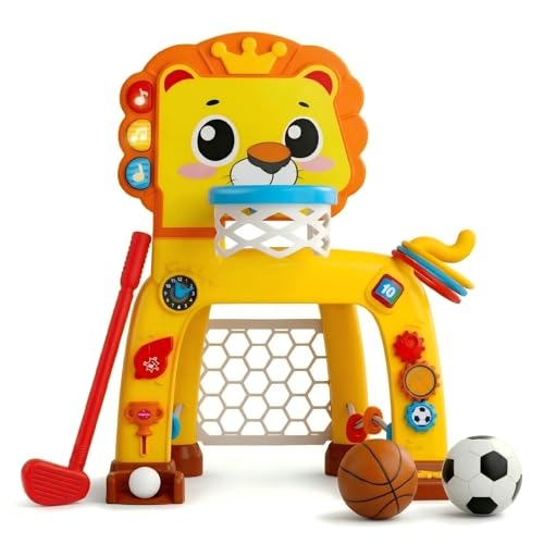 4-in-1 Toddler Basketball Hoop & Soccer Goal and Golf Toys, Interactive Lion Musical Sports Toys with Light for 1 2 3 Year Old Boys Girls, Baby Toy...