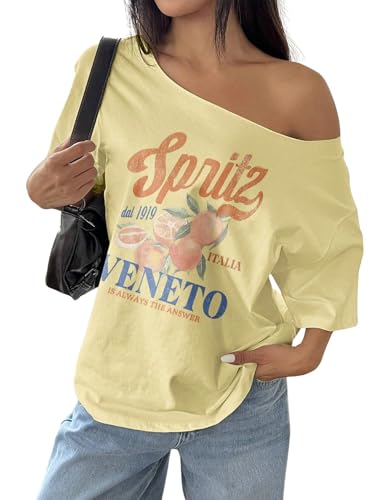 Image of SXV STYLE Women Summer Loose Asymmetrical Neck Cocktail Fruit Orange Y2K Graphic Oversized T-Shirt