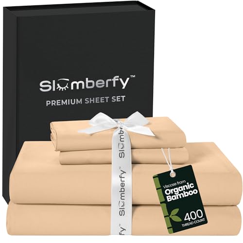 Image of Slumberfy 4-Piece 400 TC Viscose Derived from Bamboo Sheets, Full Size - 1 Fitted, 1 Flat, 2 Pillow Cases - Deep Pocket Cooling Viscose-Bamboo Bed Sheets in Magnetic Closure Gift Box, Sand