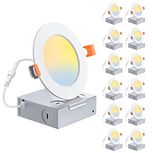 EDISHINE 12Pack 4 inch LED Recessed Light with Junction Box, Ultra-Thin 5CCT 2700K/3000K/3500K/4000K/5000K Dimmable Canless LED Recessed Light, 9W 650LM CRI80, UL Listed