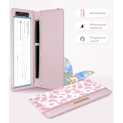 Image of Letter Checkbook Cover, RFID Blocking Checkbook, Stylish, Lightweight, Slim Durable, Multi-Functional Checkbook Holder for Personal and Business Checks (Cow-Pink)