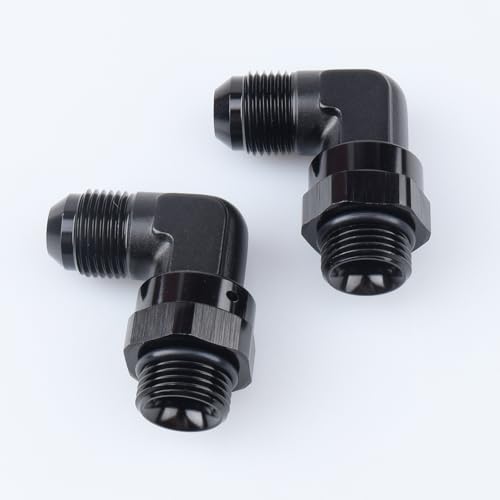 Image of AC PERFORMANCE Aluminum 90 Degree -8 AN Male Flare to -8 AN ORB O Ring Port Swivel Fitting Adapter, Black Pack of 2