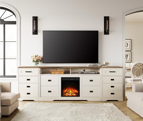 Image of WAMPAT 3-in-1 Fireplace TV Stand for 110 inch TV,31.9 inch H Farmhouse Entertainment Center with 10 Drawers and Open Storage compartments for Living Room,Antique White