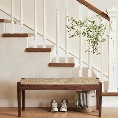 Image of Vintage Entryway Bench, 45 inch Acacia Wood Bench with Woven Rope Seat, Wicker Bench Indoor for Hallway, End of Bed, Rustic Farmhouse Boho Style, Rope Dining Bench (Dark Brown)