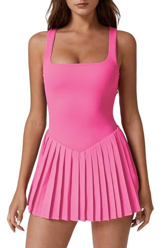 Image of QINSEN Womens Square Neck Tennis Dress Pleated Sleeveless Built in Shorts Golf Athletic Dress with Pockets