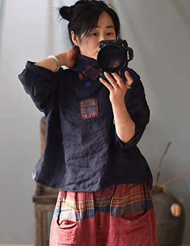 NFYM Womens Plant Dyed Linen Unique Patch Design 3/4 Sleeve Blouse Summer Tops3