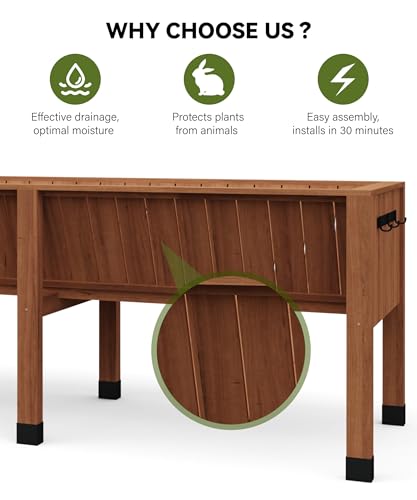 72x26x30 Inch Raised Garden Bed With Leg For Outdoor Growing Vegetables and Herbs, 6X2X2.5 Ft Elevated Wood Planter Box Stand With Hooks for Backyard, Patio, Balcony w/Non-Woven Liner, 13.7In Depth