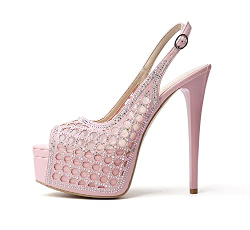 SAMMITOP Women's High Heels Platform Sandals Rhinestones Peep Toe Pumps Lace Flower Slingback Hollow Sexy Dress Stilettos Shoes for Wedding Party2