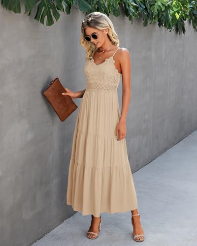 Image of Dokuritu Women's Beach Crochet Lace Maxi Dress Solid Color Summer Vacation Wedding Guest Spaghetti Strap Long Dress