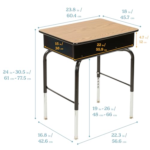 Image of ECR4Kids Open Front Desk with Metal Storage Book Box, Adjustable, Classroom Furniture, Oak